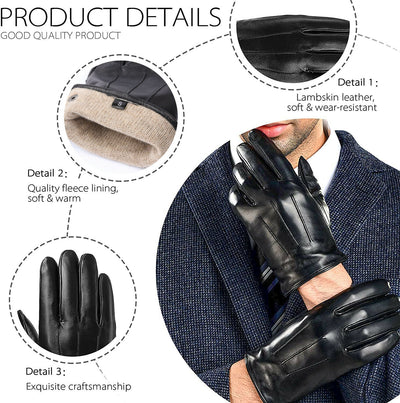 Men's Genuine Sheepskin Warm Winter Touchscreen Leather Gloves for Cold Weather