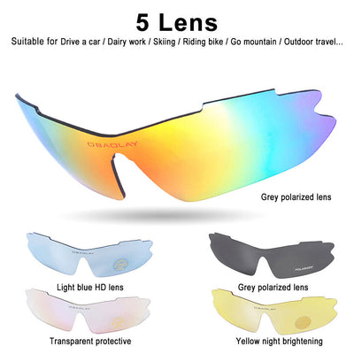 Sports Cycling Sunglasses, Bicycle Glasses w/ 5 Interchangeable Lenses-Ergonomic