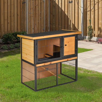 Outdoor Rabbit Cage Elevated Pet House w/ Slide-Out Tray, Natural Wood &amp; Black 842525165488