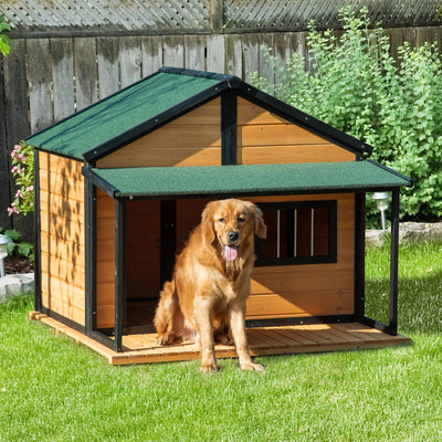 Outdoor Wooden Raised Cabin Dog House w/ Porch, Medium/Large, 53 Lbs., Yellow 196393161319