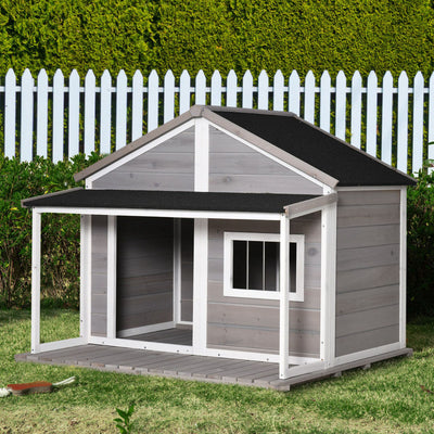 Outdoor Wooden Raised Cabin Dog House w/ Porch, Medium/Large, 53 Lbs., Grey