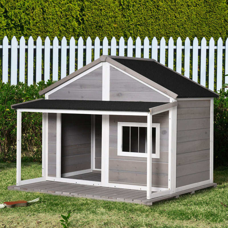 Outdoor Wooden Raised Cabin Dog House w/ Porch, Medium/Large, 53 Lbs., Grey