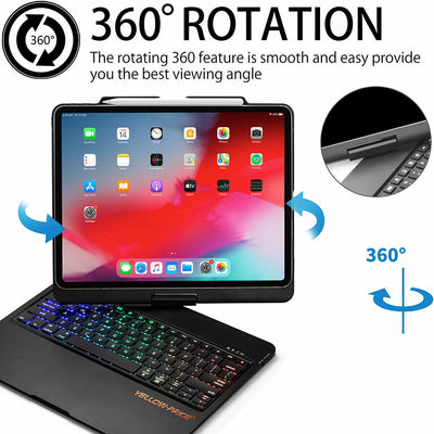 7 Colors Backlit Wireless Keyboard w/ 360° Rotatable Cover for iPad Air 4 3 2 1