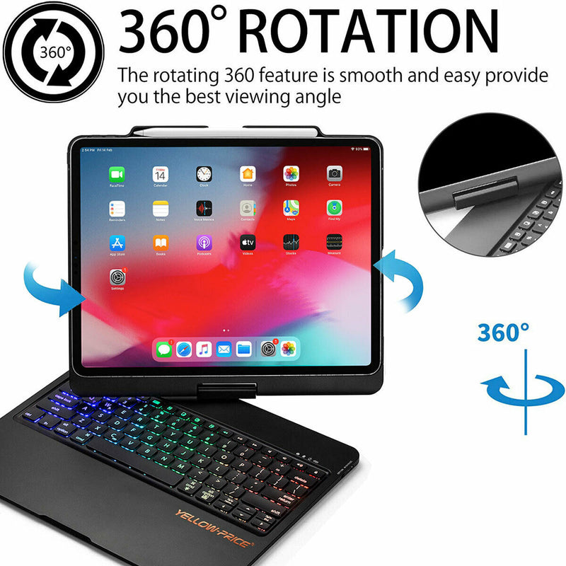 7 Colors Backlit Wireless Keyboard w/ 360° Rotatable Cover for iPad Air 4 3 2 1