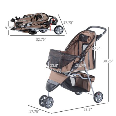 Folding Dog Stroller 3 Wheels Carrier with Brake and Canopy Coffee