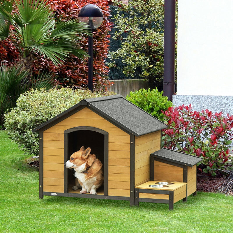 Wooden Dog House Outdoor Cabin Style, w/ Weather Resistant Roof, 2 Bowls