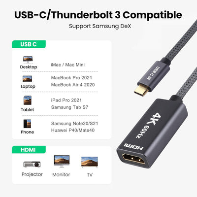 USB C to HDMI Adapter 4K@60Hz Cable [Thunderbolt 3 Compatible]+HDMI 2.0 HD Cable