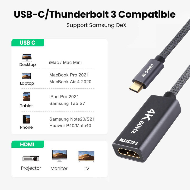 USB C to HDMI Adapter 4K@60Hz Cable [Thunderbolt 3 Compatible]+HDMI 2.0 HD Cable