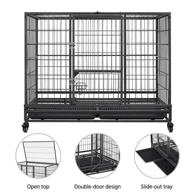 43" Large Metal Dog Crate Folding Kennel Heavy Duty Cage w/ Wheels & Tray Black