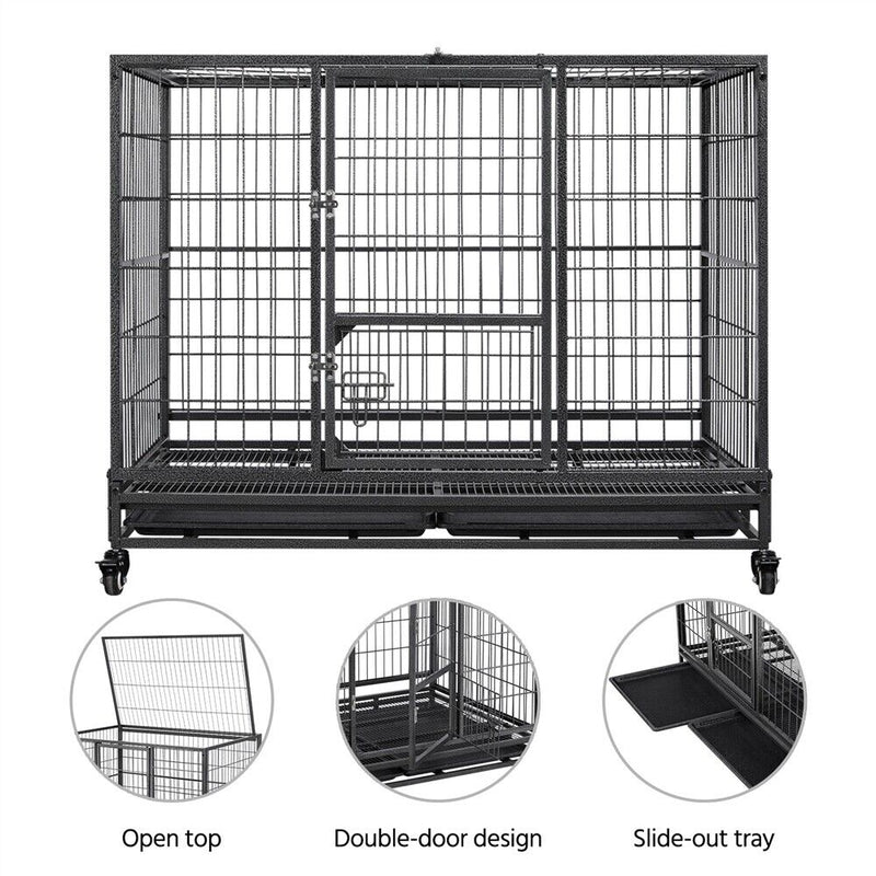 43" Large Metal Dog Crate Folding Kennel Heavy Duty Cage w/ Wheels & Tray Black