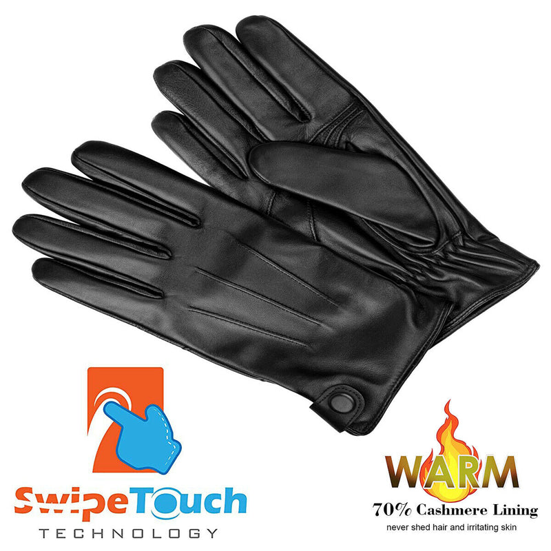 Classic Genuine Sheepskin Leather Cashmere Lined Touchscreen Warm Gloves for Men
