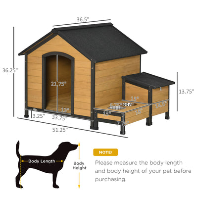 Wooden Dog House Outdoor Cabin Style, w/ Weather Resistant Roof, 2 Bowls