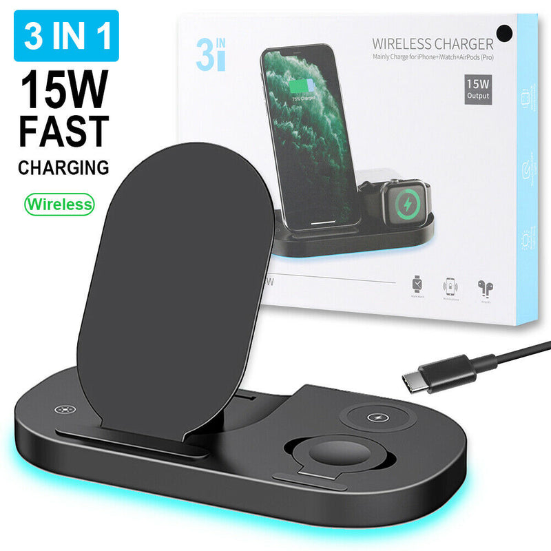 3 IN 1 Wireless Charging Station Qi 15W for iPhone 12/11/Xs/XR/8,iWatch SE/6/5/4