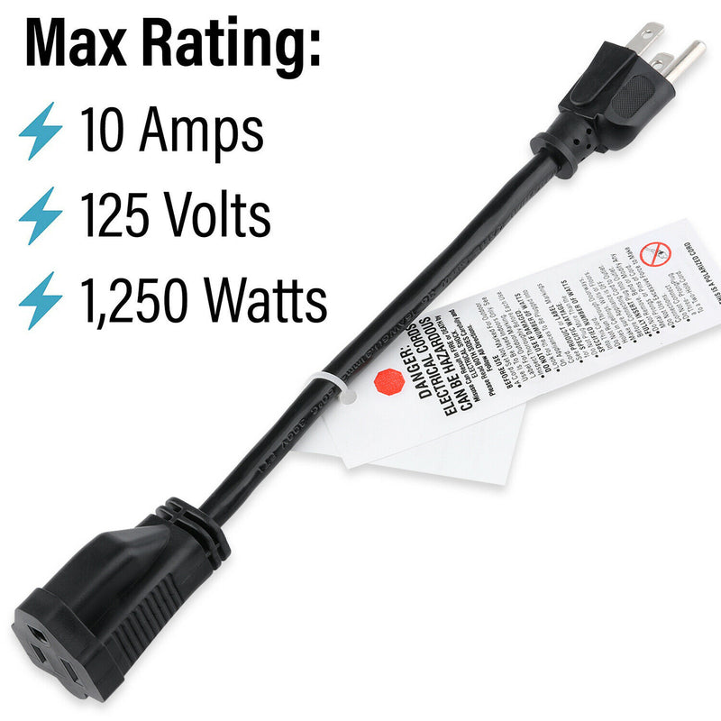 UL&CUL Listed 6inch Power Extension Cord, Universal 3 Prong 125V 13A Cable-Black