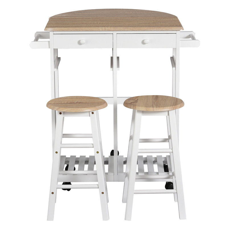 HOMCOM 3PCS Kitchen Trolley Island Set with Wheels 2 Barstool Chairs Drop Leaf