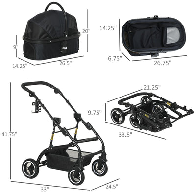 PawHut Pet Stroller Foldable Dog Travel Carriage 2-In-1 Design Carry Bag Black