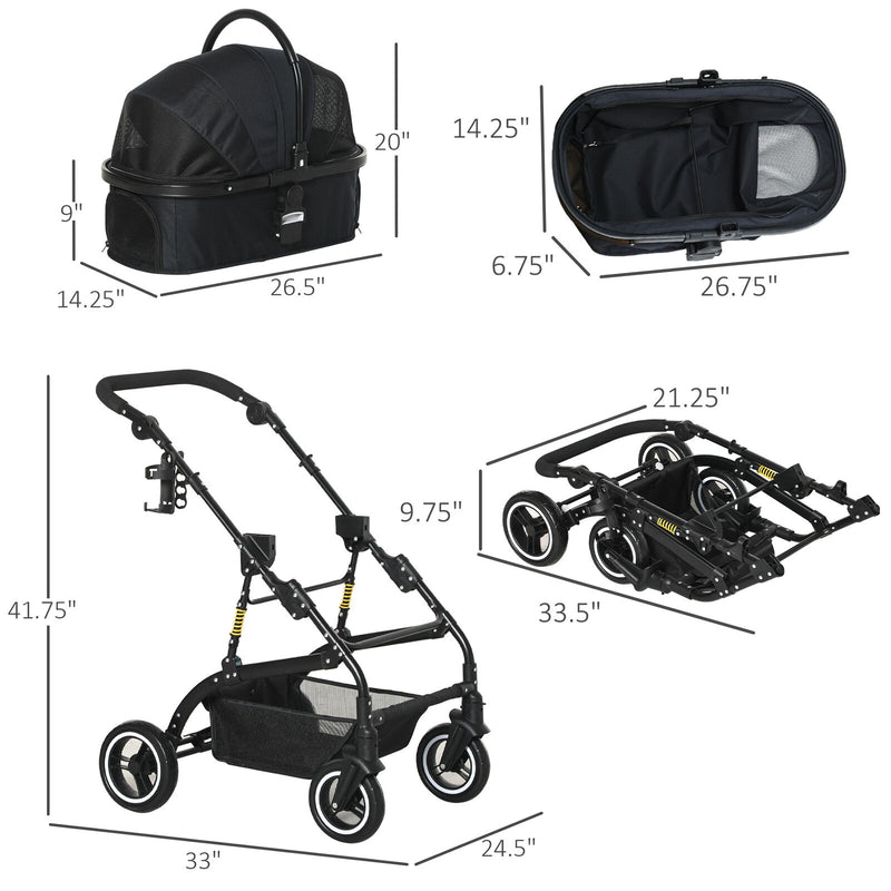 PawHut Pet Stroller Foldable Dog Travel Carriage 2-In-1 Design Carry Bag Black