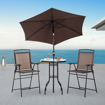 4pc Outdoor Patio Dining Set Furniture, 2 Folding Chairs, Table, Umbrella, Brown