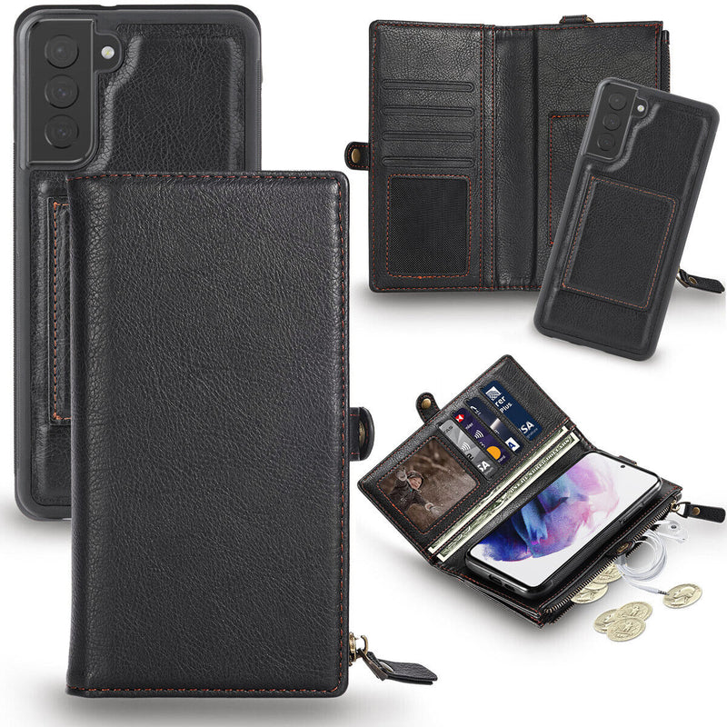 For Galaxy S21 S21+ S21U Detachable Leather Wallet Case with Card Slots & Zipper