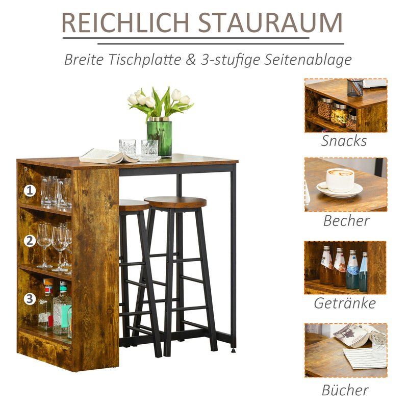 Kitchen Bar Table, Dining Table Set w/ Storage Shelf, 2 Bar Stools, Rustic Brown