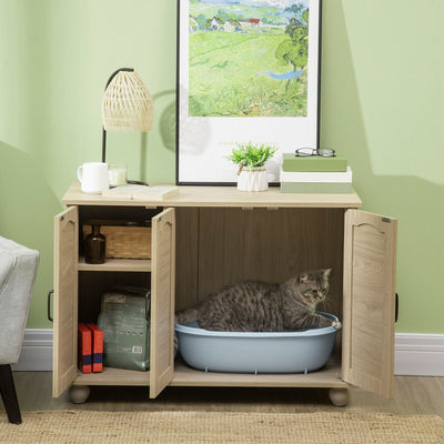 Cat Hidden Litter Box Enclosure Side Table, W/ Spacious Storage Cushion, Oak