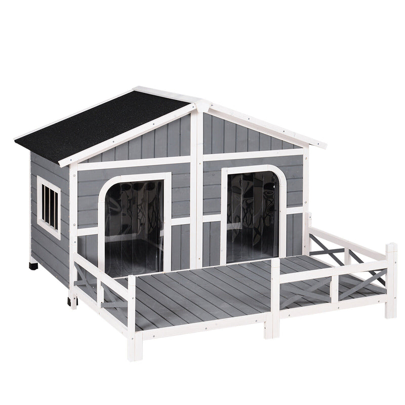 PawHut Wooden Large Dog House, Perfect for the Porch or Deck, 59" L, Grey