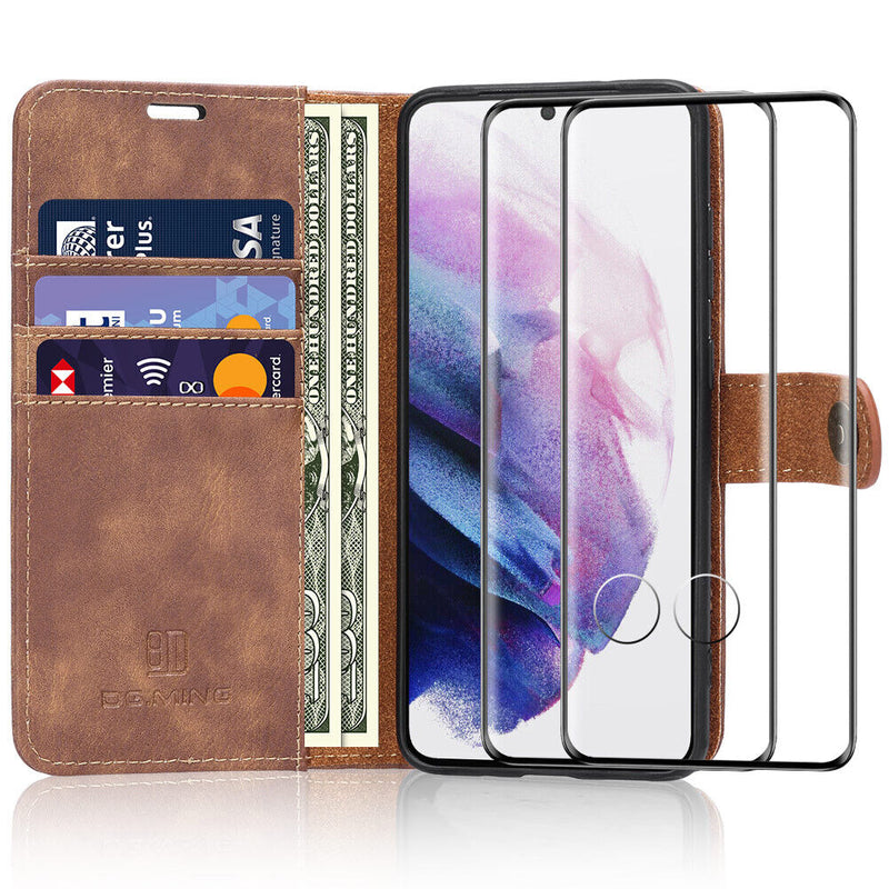 [Card Slot] Luxury Leather Wallet Case & 2xTempered Glass Films for Galaxy S21+