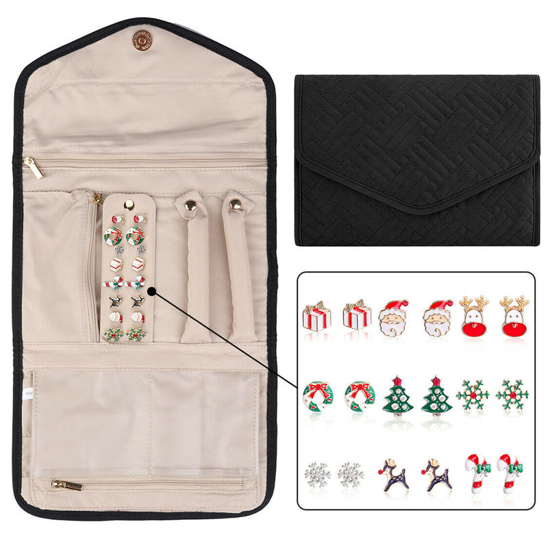 Women/Girls Classic Black Travel Jewelry Organizer + Fashionable Santa Studs Set