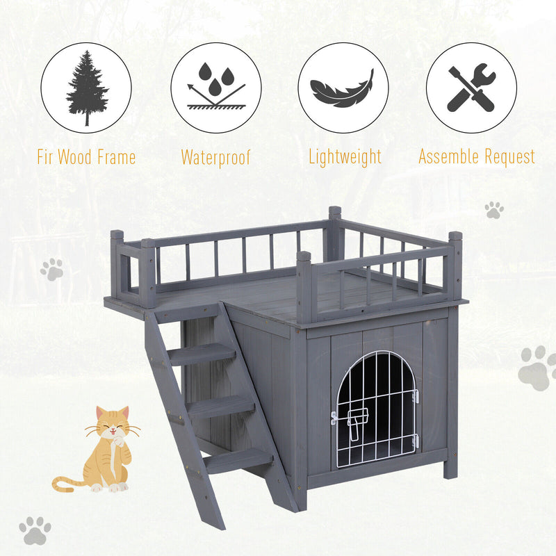 PawHut 2-Story Indoor/Outdoor Wood Cat Dog House Shelter 842525146685