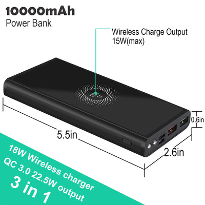 Power Bank 10000mAh [Cable&Wireless Version] with Type-C Micro Input, LCD Screen