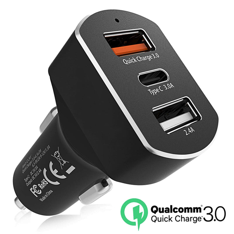 3-Port USB Car Charger Adapter QC 3.0 Fast Charging (Dual USB-A + USB-C Port)