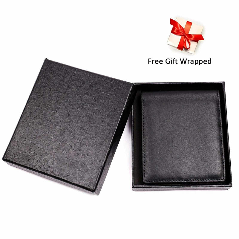 Mens RFID Blocking Bifold Wallet Soft 100% Genuine Leather with ID Window- Black