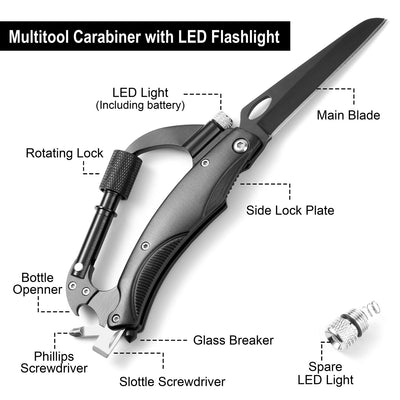 Multitool Carabiner with Knife,LED Light,Bottle Opener,Glass Breaker,Screwdriver