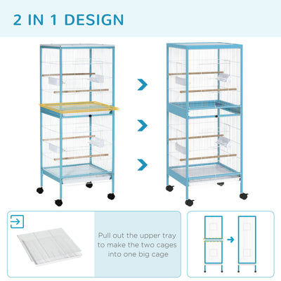 2 In 1 Large Bird Cage Aviary with Wheels, Slide-out Trays Wood Perches