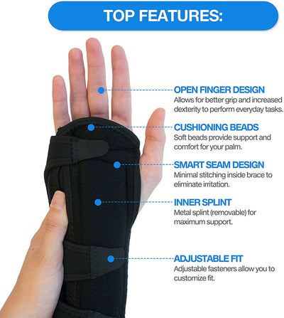 Adjustable OneSize Wrist Support Brace w/Metal Splint Stabilizer&Cushioned Beads