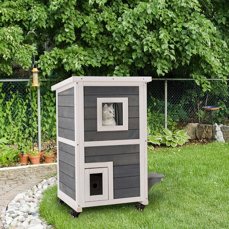 Outdoor Wooden 2-Floor Cat Condo Pet House Kitten Shelter w/ Wheels - Gray 196393255735