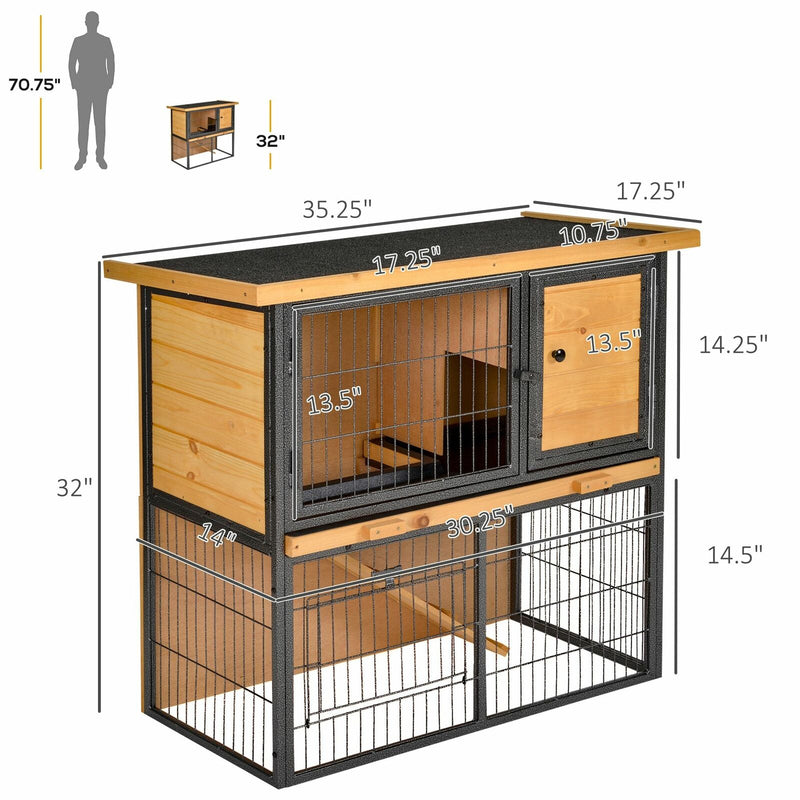 Outdoor Rabbit Cage Elevated Pet House w/ Slide-Out Tray, Natural Wood &amp; Black 842525165488