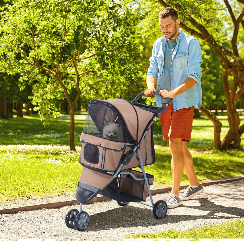 Folding Dog Stroller 3 Wheels Carrier with Brake and Canopy Coffee