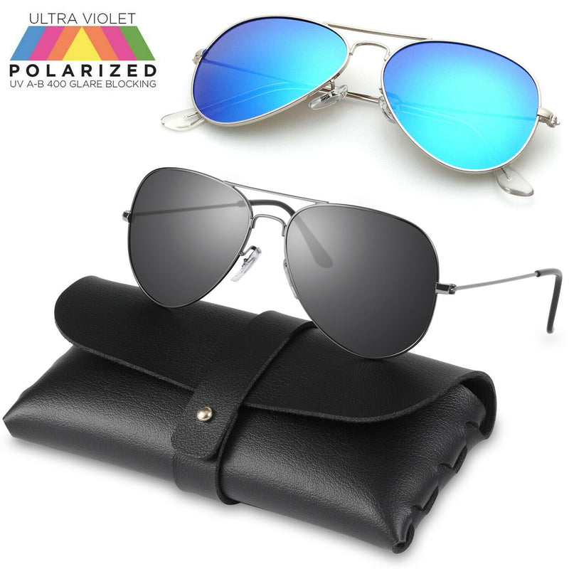 Unisex Metal Frame Polarized Aviator Sunglasses, Mirrored Ice Blue / Black Gray