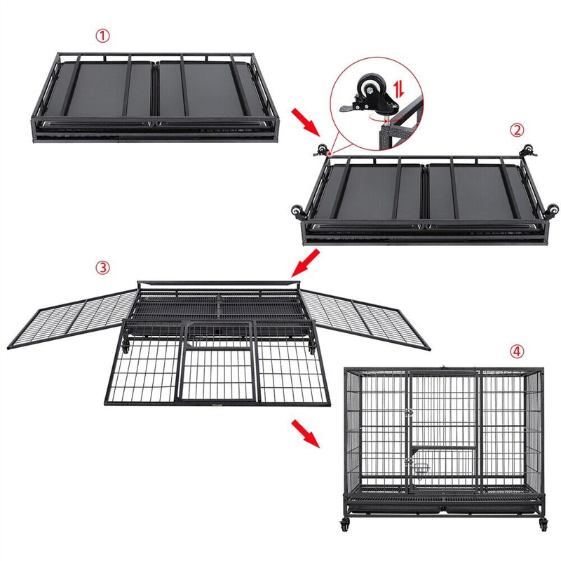 43" Large Metal Dog Crate Folding Kennel Heavy Duty Cage w/ Wheels & Tray Black