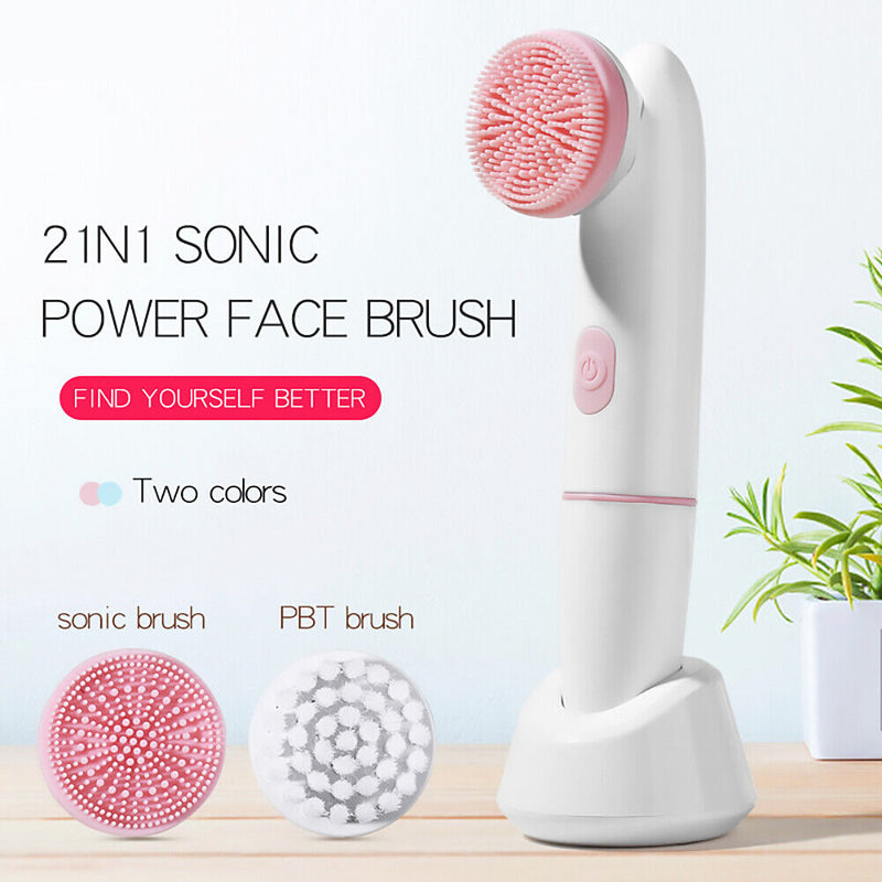 IPX6 Waterproof Sonic Facial Cleansing Brush- 2 Speed Modes, 2 Brush Heads, Base