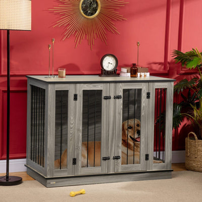 Dog Crate Furniture Side Table W/ Divider Panel 2 Front Doors Double Locks