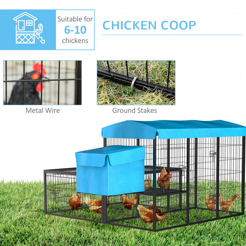 Metal Chicken Coop, Outdoor Poultry Cage, w/ Run, Nesting Box, Canopy, Blue 196393165836