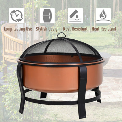 30" Steel Round Patio Fire Pit Wood Log Burning Deep Basin, w/ Poker, Grate