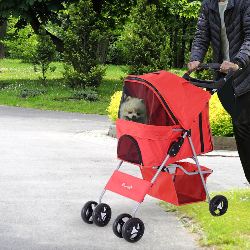 Cat Dog Carrier Cart Foldable Cup Holder with 4 Wheels Storage Basket, Red