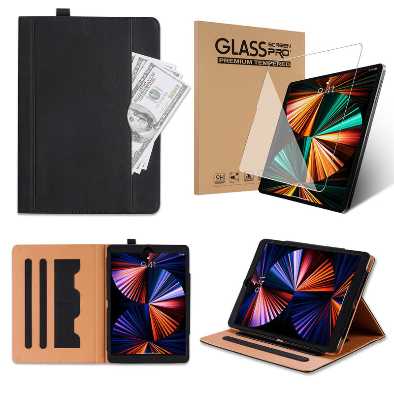 Leather Folio Smart Stand Case & Tempered Glass for iPad Pro 11 (2018 2020 2021)