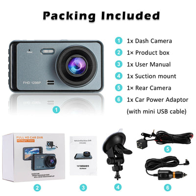 1296P Full HD Dual Dashcam with Night Vision 140°Wide Angle 4" HD Screen for Car