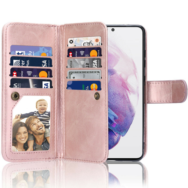 Rose Gold Luxury Detachable Leather Wallet Case w/Strap for Galaxy S21 S21+ S21U