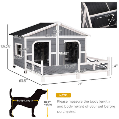 PawHut Wooden Large Dog House, Perfect for the Porch or Deck, 59" L, Grey