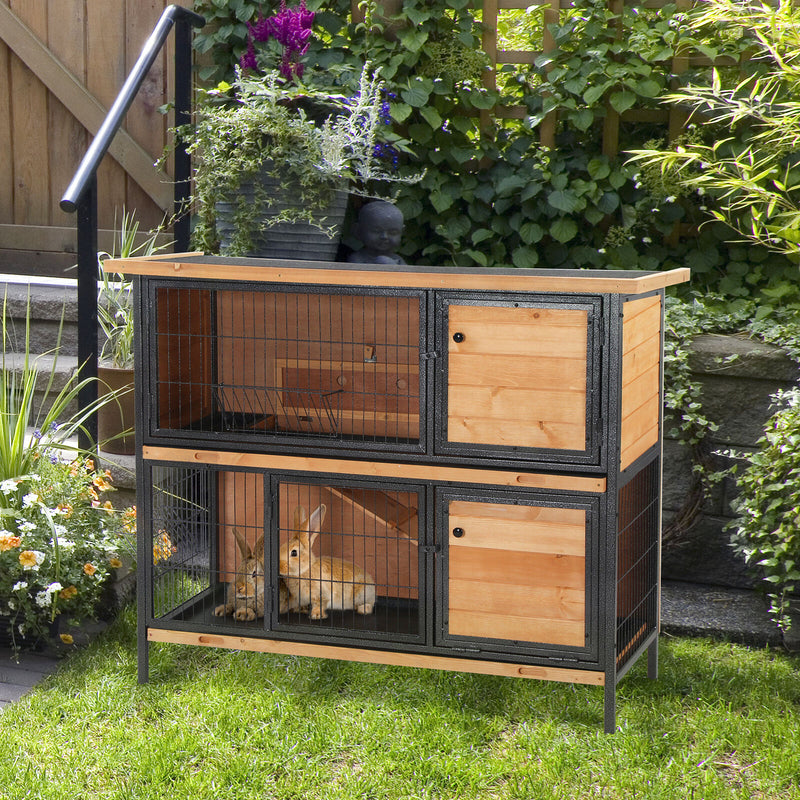 Bunny Cage w/ Slide-Out Tray Run Area Lockable Doors for Small Animals, Fir Wood